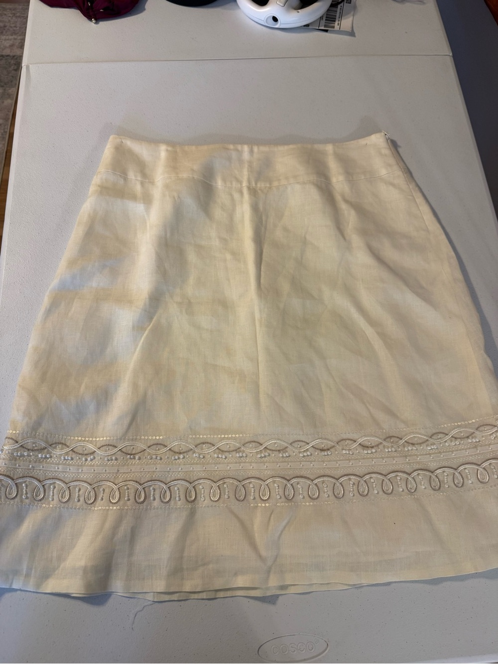 Ann Taylor 100% Linen Beaded Midi Size 14 Embroidered Scallop pattern Skirt